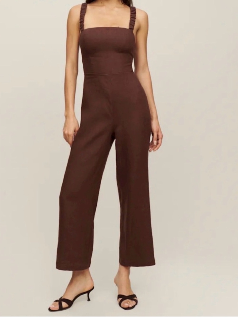 REFORMATION harlow jumpsuit 100% linen brown 6 strappy back wide leg europe